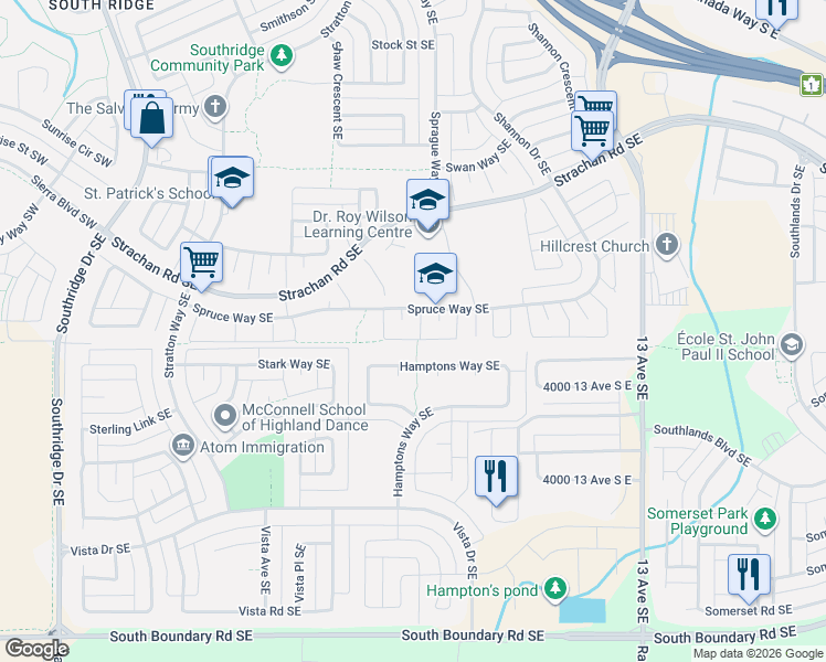 map of restaurants, bars, coffee shops, grocery stores, and more near 646 Spruce Way Southeast in Medicine Hat