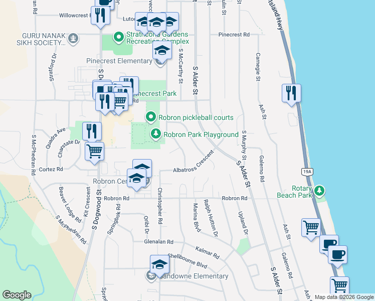 map of restaurants, bars, coffee shops, grocery stores, and more near in Campbell River