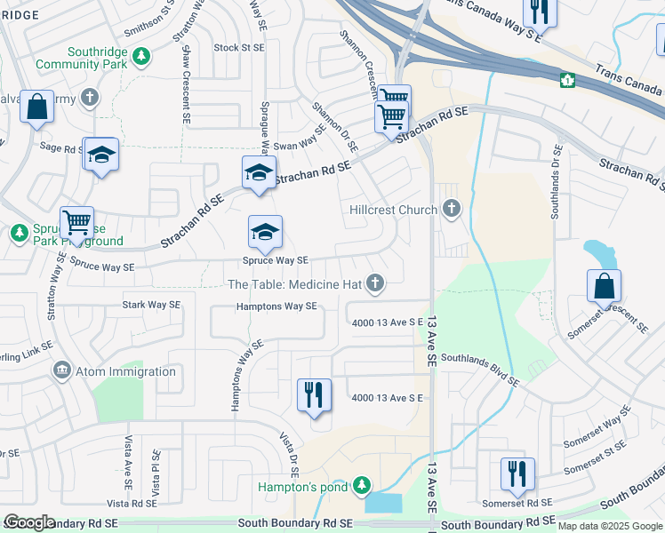 map of restaurants, bars, coffee shops, grocery stores, and more near 9 Spruce Meadows Court Southeast in Medicine Hat