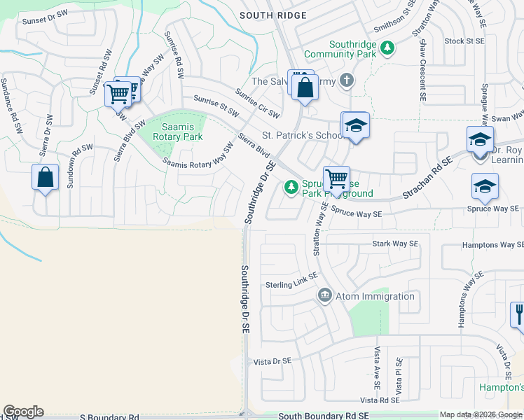 map of restaurants, bars, coffee shops, grocery stores, and more near 100 Spruce Close Southeast in Medicine Hat