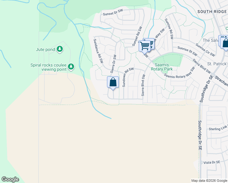 map of restaurants, bars, coffee shops, grocery stores, and more near 111 Sundown Road Southwest in Medicine Hat