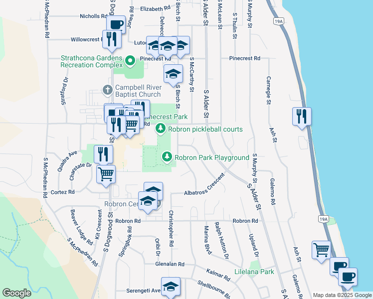 map of restaurants, bars, coffee shops, grocery stores, and more near in Campbell River