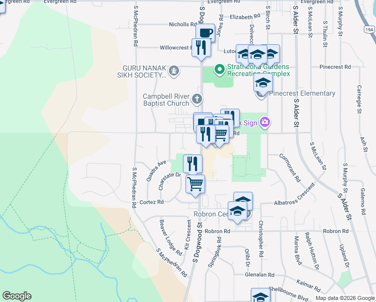map of restaurants, bars, coffee shops, grocery stores, and more near 769 Merecroft Road in Campbell River