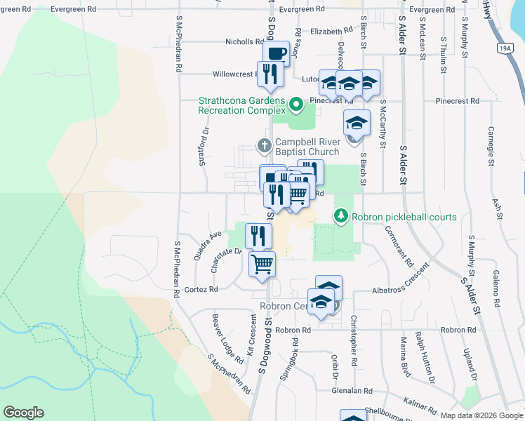 map of restaurants, bars, coffee shops, grocery stores, and more near 769 Merecroft Road in Campbell River