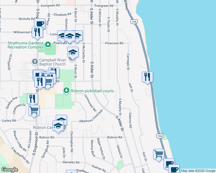 map of restaurants, bars, coffee shops, grocery stores, and more near in Campbell River