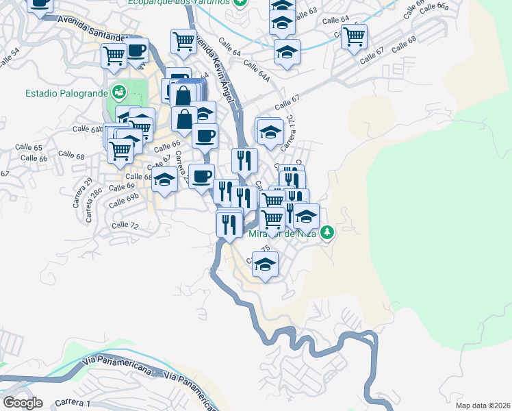 map of restaurants, bars, coffee shops, grocery stores, and more near 7258 Avenida Kevin Ángel in Manizales