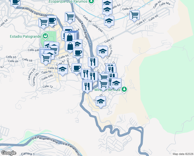 map of restaurants, bars, coffee shops, grocery stores, and more near 7258 Avenida Kevin Ángel in Manizales