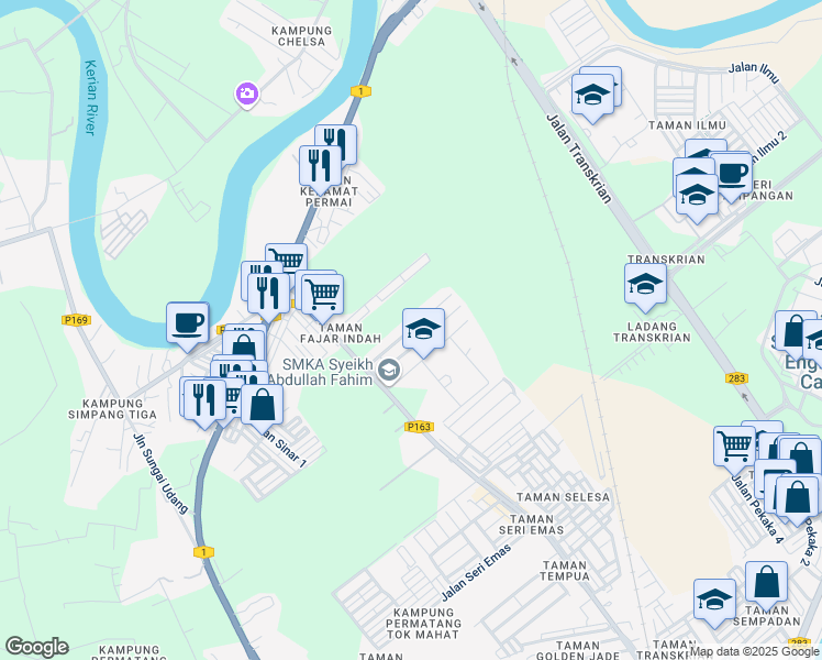 map of restaurants, bars, coffee shops, grocery stores, and more near Jalan Bangau 1 in Nibong Tebal