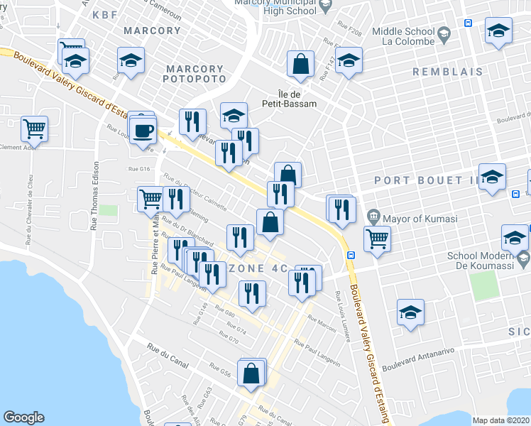 map of restaurants, bars, coffee shops, grocery stores, and more near Rue Louis Lumiere in Abidjan