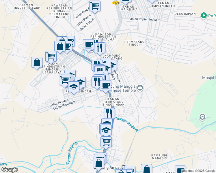 map of restaurants, bars, coffee shops, grocery stores, and more near Jalan Permatang Tinggi & Jalan Perwira in Simpang Ampat