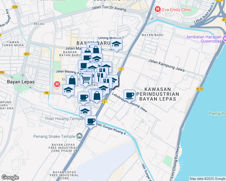 map of restaurants, bars, coffee shops, grocery stores, and more near in Bayan Lepas