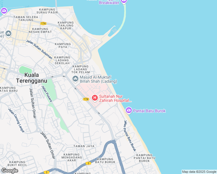 map of restaurants, bars, coffee shops, grocery stores, and more near Jalan Persinggahan in Kuala Terengganu