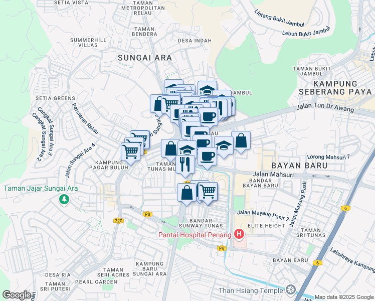 map of restaurants, bars, coffee shops, grocery stores, and more near 8 Medan Bayan in Bayan Lepas