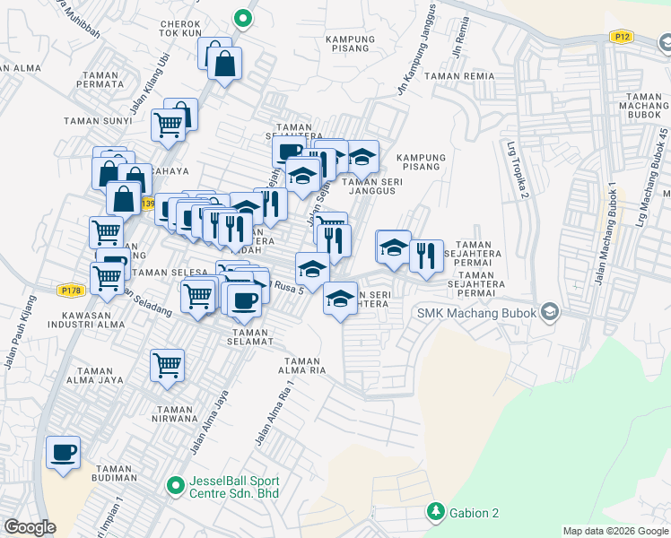 map of restaurants, bars, coffee shops, grocery stores, and more near 1 Taman Sejahtera in Bukit Mertajam