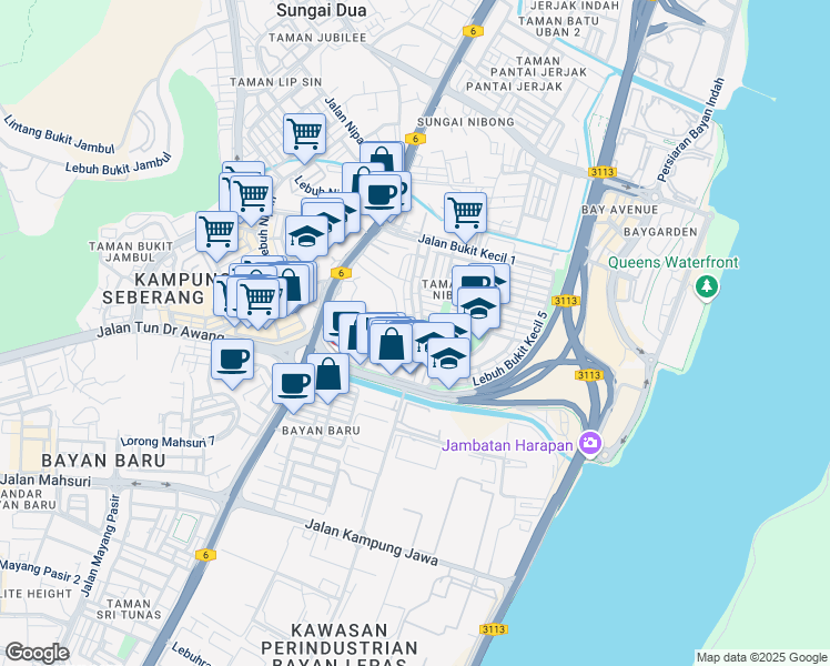 map of restaurants, bars, coffee shops, grocery stores, and more near Gerbang Bukit Kecil 1 in Bayan Lepas