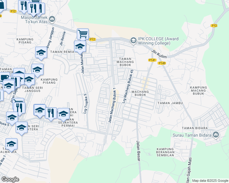 map of restaurants, bars, coffee shops, grocery stores, and more near Jalan Machang Bubok 1 in Bukit Mertajam