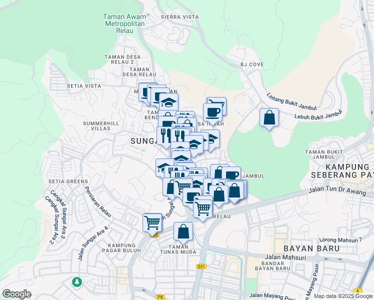 map of restaurants, bars, coffee shops, grocery stores, and more near Persiaran Paya Terubong 3 in Bayan Lepas