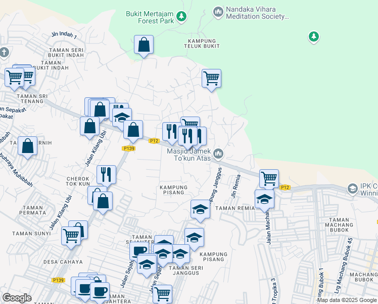 map of restaurants, bars, coffee shops, grocery stores, and more near Jalan Kulim in Bukit Mertajam