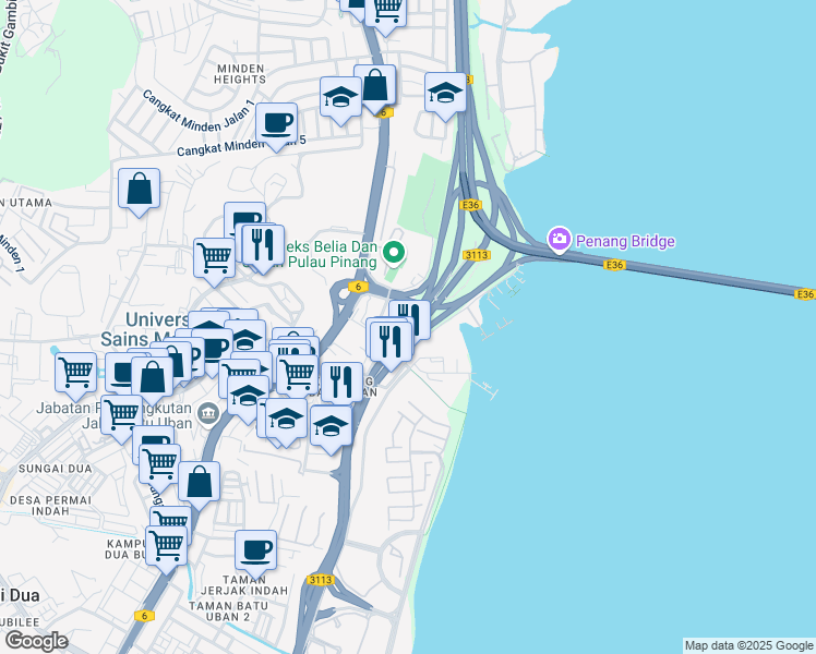 map of restaurants, bars, coffee shops, grocery stores, and more near Lebuhraya Tun Dr. Lim Chong Eu in Gelugor