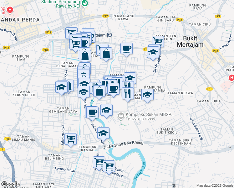 map of restaurants, bars, coffee shops, grocery stores, and more near Lorong Tembikai 1 in Bukit Mertajam