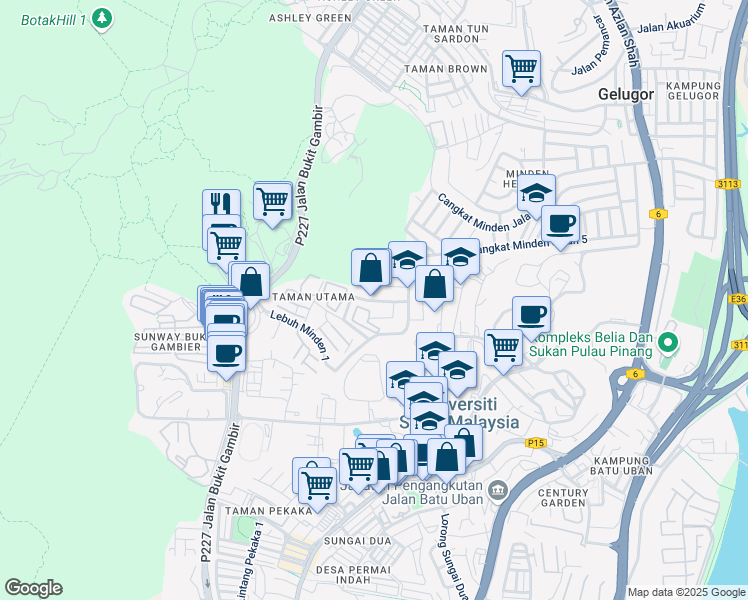 map of restaurants, bars, coffee shops, grocery stores, and more near Persiaran Minden 1 in Gelugor