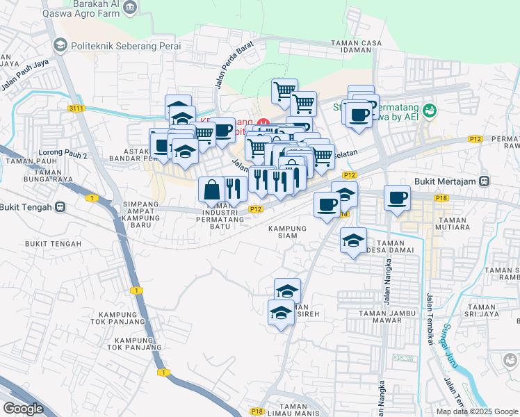 map of restaurants, bars, coffee shops, grocery stores, and more near Jalan Permatang Batu in Bukit Mertajam