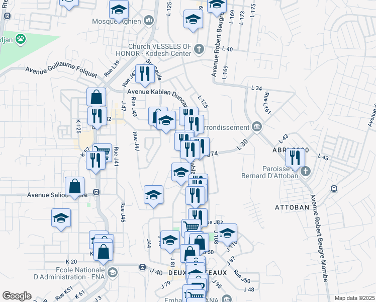 map of restaurants, bars, coffee shops, grocery stores, and more near Rue des Jardins in Abidjan
