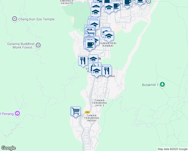 map of restaurants, bars, coffee shops, grocery stores, and more near Jalan Paya Terubong in Air Itam