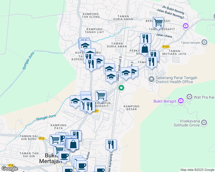 map of restaurants, bars, coffee shops, grocery stores, and more near Jalan Berapit in Bukit Mertajam