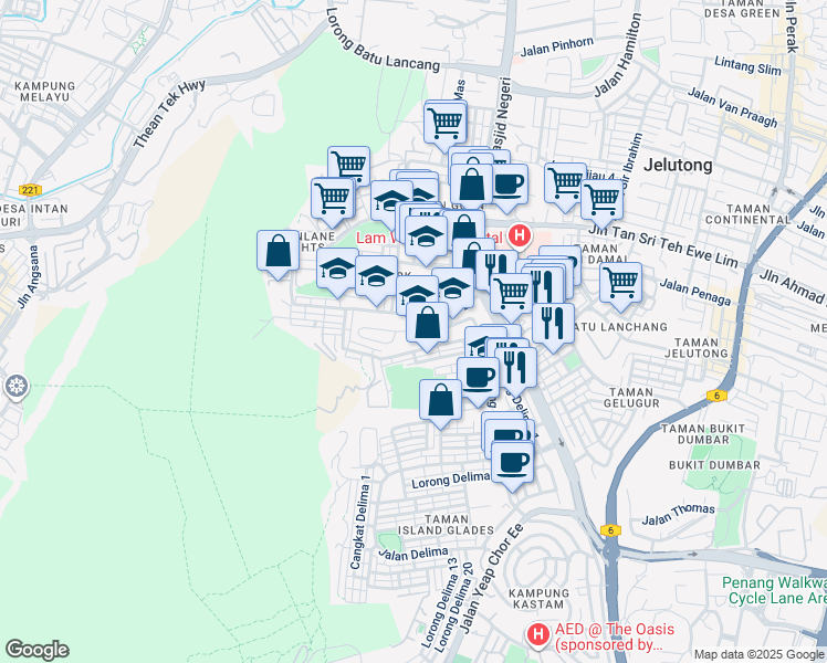 map of restaurants, bars, coffee shops, grocery stores, and more near Medan Tembaga in George Town