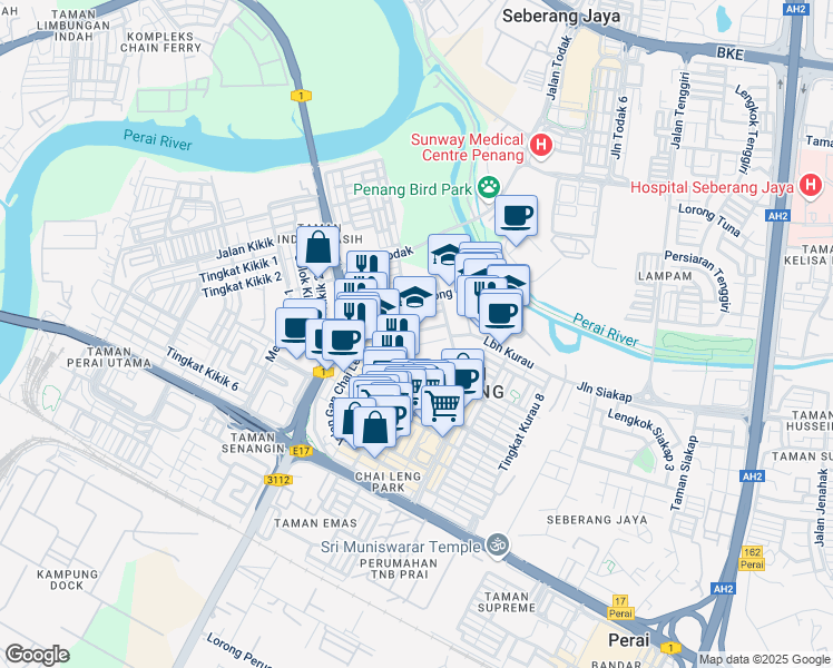 map of restaurants, bars, coffee shops, grocery stores, and more near Lintang Kurau 3 in Perai