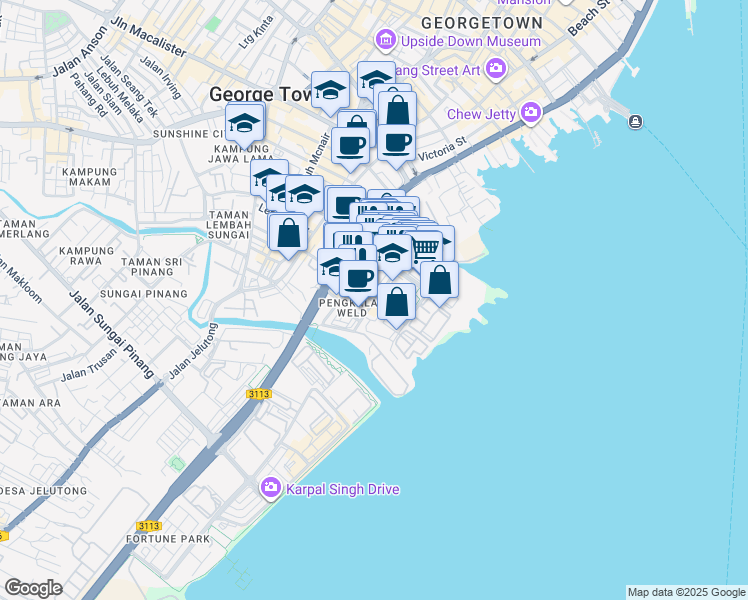 map of restaurants, bars, coffee shops, grocery stores, and more near Lintang Macallum 1 in George Town