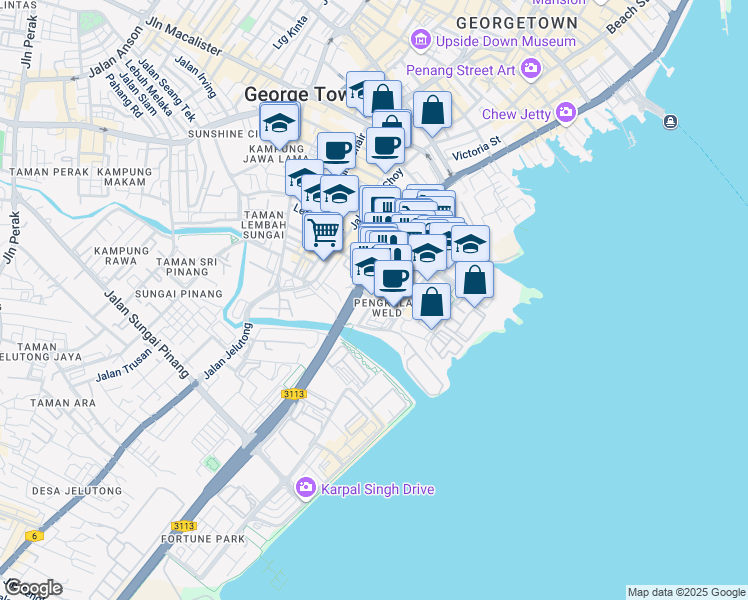 map of restaurants, bars, coffee shops, grocery stores, and more near Pintasan Cecil 3 in George Town
