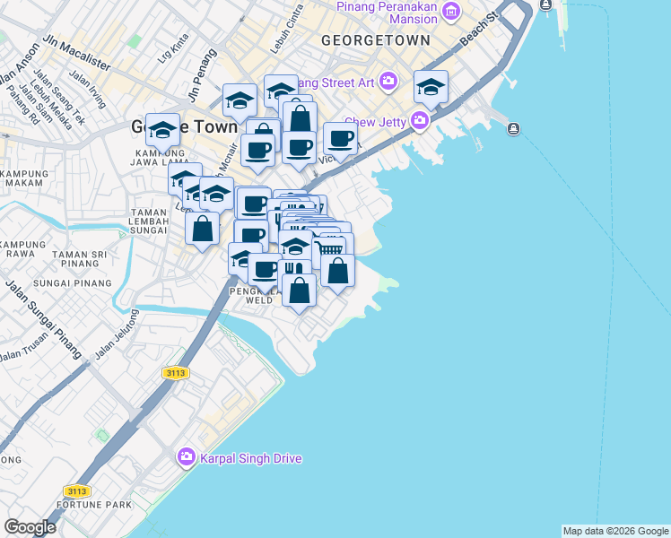 map of restaurants, bars, coffee shops, grocery stores, and more near Lintang Macallum 3 in George Town