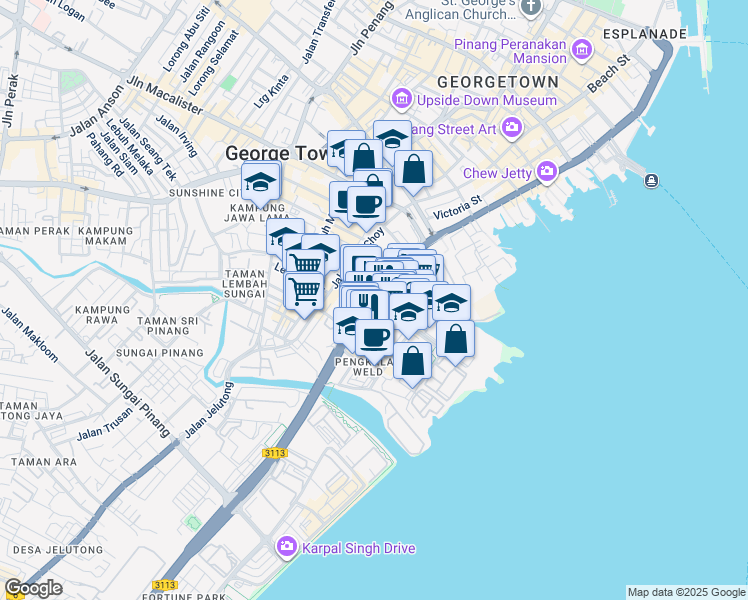 map of restaurants, bars, coffee shops, grocery stores, and more near 36-50 Jalan Burma in Pulau Pinang