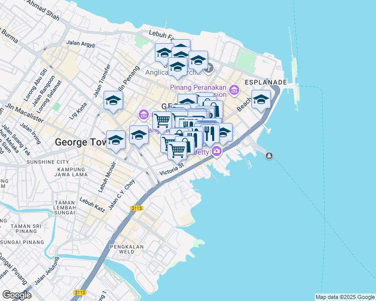 map of restaurants, bars, coffee shops, grocery stores, and more near 245 Beach Street in George Town