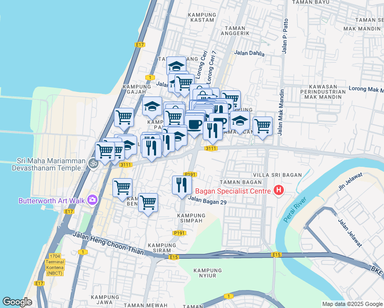 map of restaurants, bars, coffee shops, grocery stores, and more near Exit Jalan Telaga Air in Butterworth