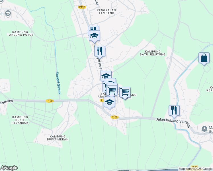 map of restaurants, bars, coffee shops, grocery stores, and more near Jalan Sungai Dua in Permatang Pauh