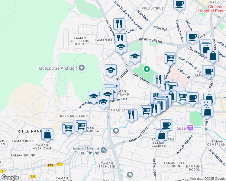 map of restaurants, bars, coffee shops, grocery stores, and more near 2 Taman Scotland in George Town