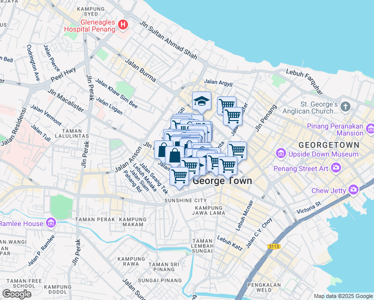 map of restaurants, bars, coffee shops, grocery stores, and more near 70 Jalan Zainal Abidin in George Town
