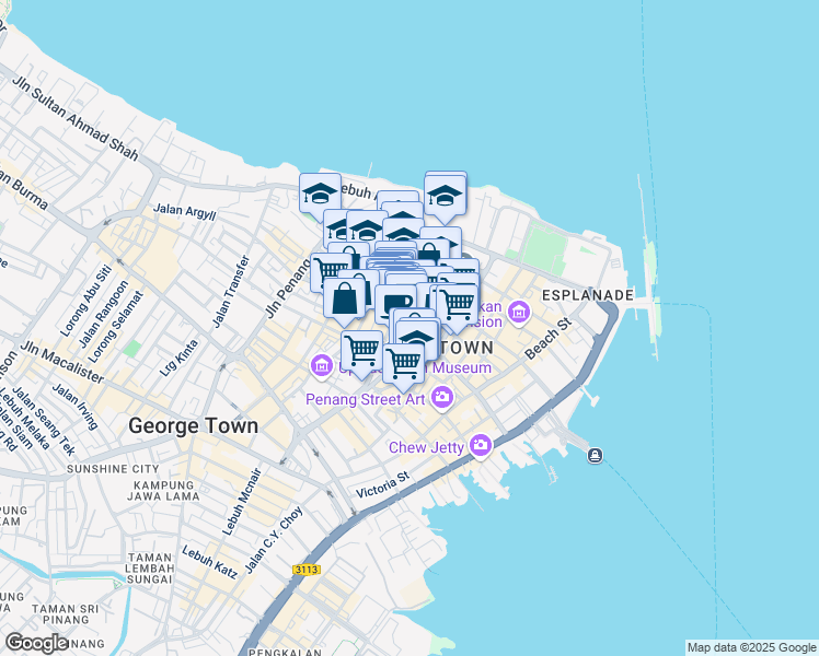 map of restaurants, bars, coffee shops, grocery stores, and more near Lebuh Chulia in George Town