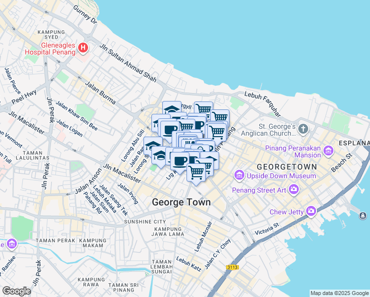 map of restaurants, bars, coffee shops, grocery stores, and more near 36 Jalan Burma in George Town