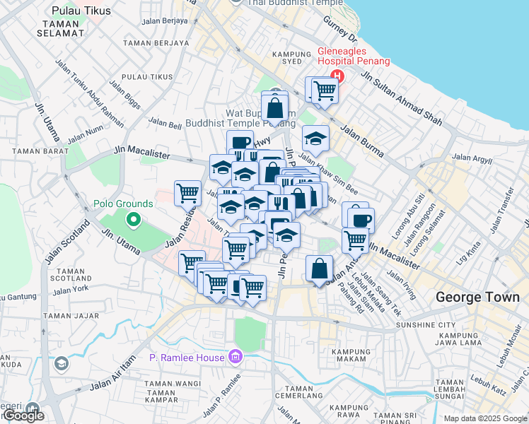 map of restaurants, bars, coffee shops, grocery stores, and more near 9 Solok Barrack in George Town