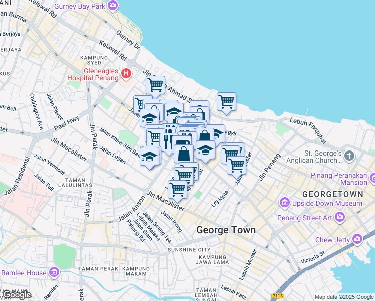 map of restaurants, bars, coffee shops, grocery stores, and more near 217 Jalan Burma in George Town