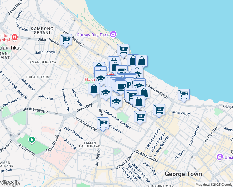 map of restaurants, bars, coffee shops, grocery stores, and more near 182 Jalan Burma in George Town