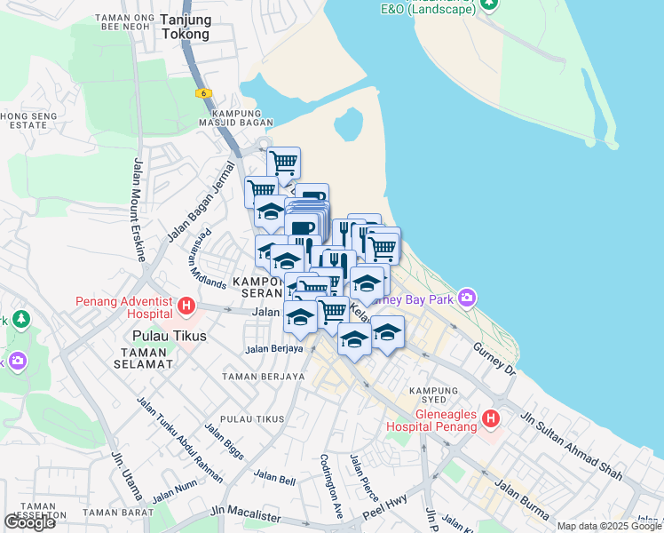 map of restaurants, bars, coffee shops, grocery stores, and more near 15 Jalan Kelawai in George Town