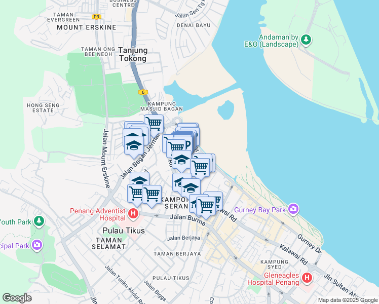 map of restaurants, bars, coffee shops, grocery stores, and more near 170 Persiaran Gurney in George Town