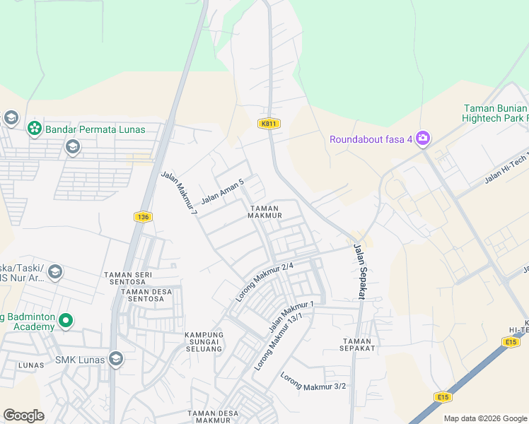 map of restaurants, bars, coffee shops, grocery stores, and more near 307 Lorong Aman 7 in Lunas