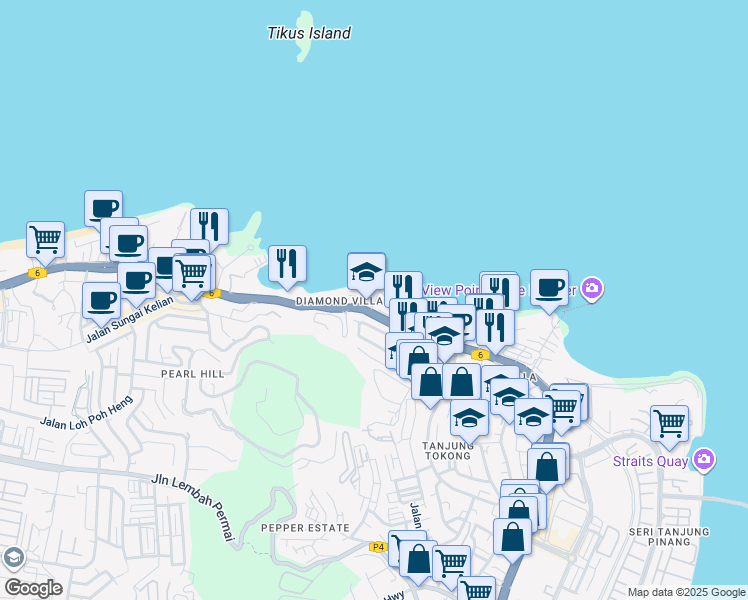 map of restaurants, bars, coffee shops, grocery stores, and more near Jalan Abbas in Tanjong Bungah