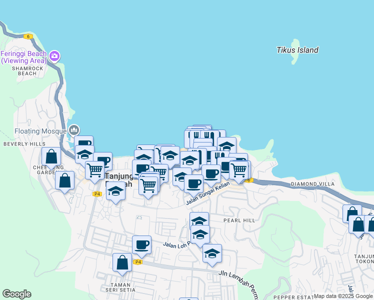map of restaurants, bars, coffee shops, grocery stores, and more near in Tanjung Bungah